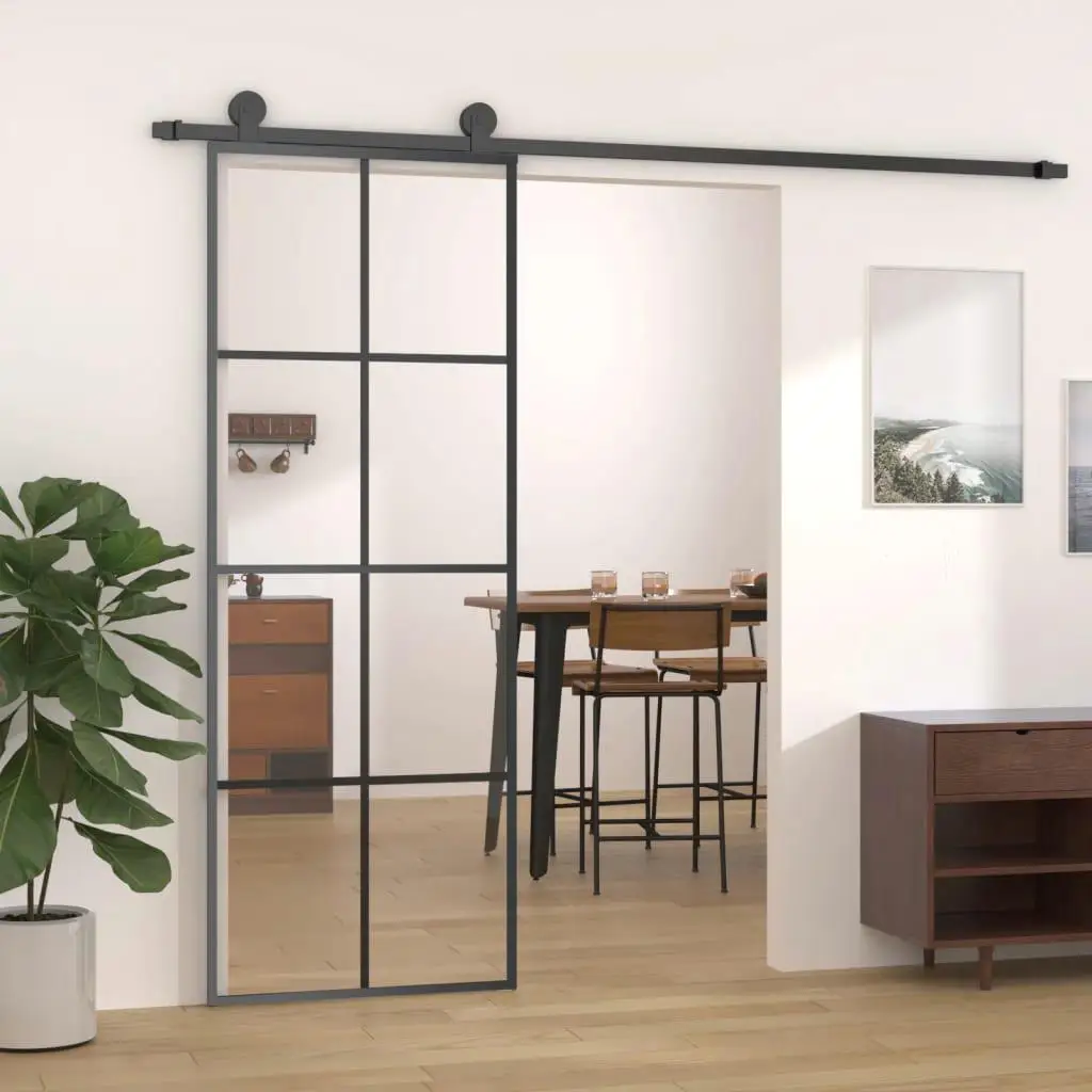 29.9x80.7 Sliding Door with ESG Glass & Aluminum Frame - Sleek Black Design