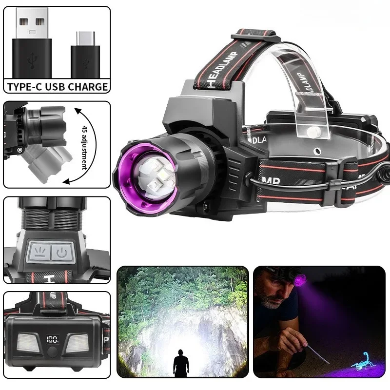 

High Power LED Headlamp 395nm UV Light Zoom Function Waterproof USB Rechargeable Head Lamp for Fishing Camping Scorpion Hunting