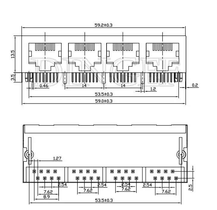 RJ45 59 Metal Female PCB Right Angle Board Jack Connector 8P8C Crystal Head Socket 21mm Network Interface Long bodies