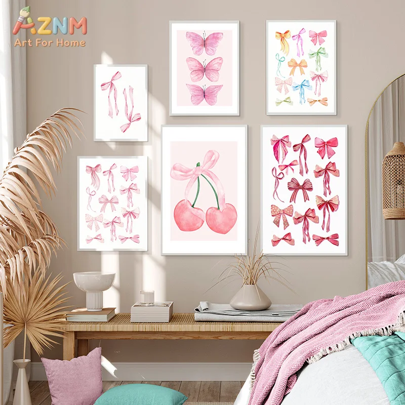 AZNM Pink Coquette Watercolor Canvas Wall Art, Bow Butterfly Cherry Aesthetic Minimalist Print Girls Bedroom Home Wall Decor Unf