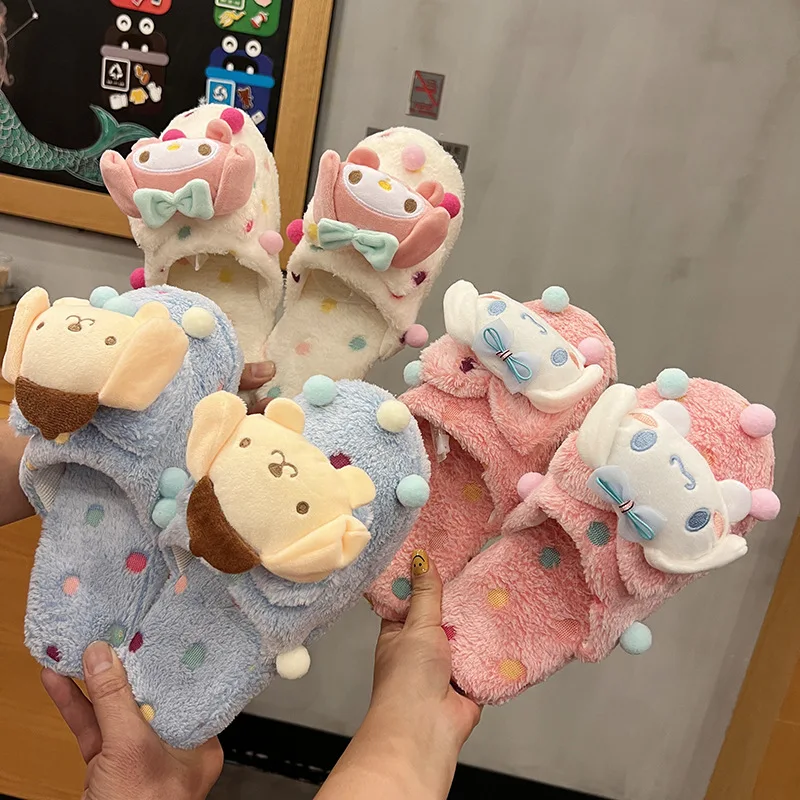 

Kawaii Sanriod Anime Hobby My Melody Cinnamoroll Kuromi Pom Pom Purin Autumn and Winter Home Furry Soft Bottom Warm Toe Slippers