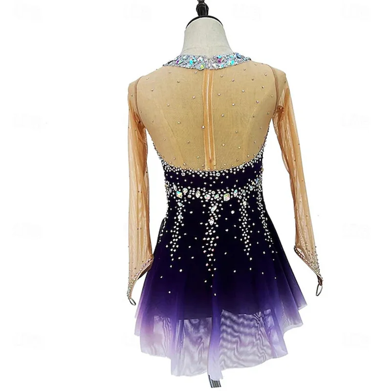 Figure Skating Dress Women\'s Ice Skating Dress Purple Thumbhole Halo Dyeing High Elasticity Professional Competition Skating