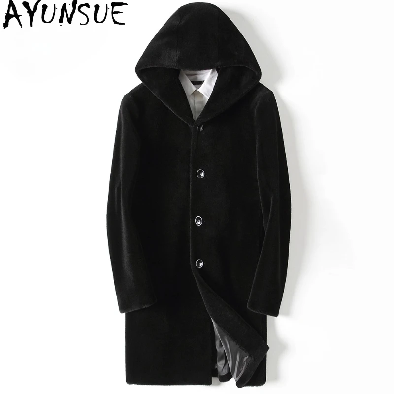 

AYUNSUE Fashion Single-breasted Sheep Shearing Jacket for Men Winter Hooded 100% Wool Coats Man Mid-length Fur Coat Streetwear