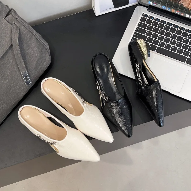 French Retro Pointed Toe Metal Chain Baotou Half Slippers Women's Outside Wear Sandals and Slippers Fashion