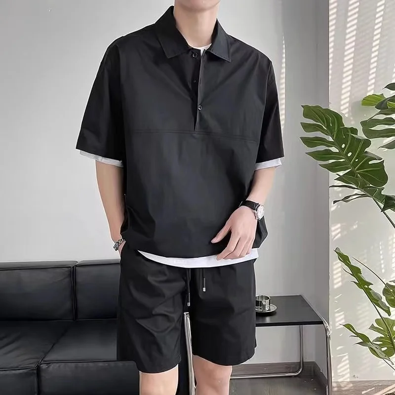 Men\'s Summer Polo Shirt Two Piece Set Buttons Pullover Casual Cargo Sports Summer Tracksuit Fashion Short-sleeved +Shorts Suit 2