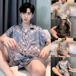 Men's New Two-Piece Set Of Ice Silk Pajamas Men's Summer Thin Section Of The Boys Short-Sleeved Simulation Silk Homewear Suit