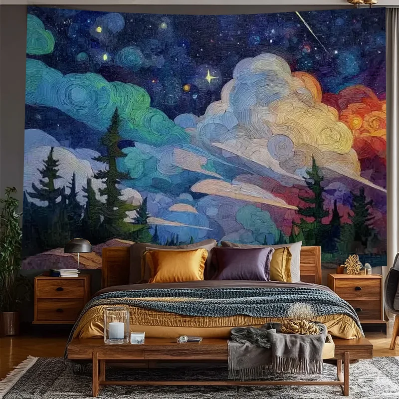 Galaxy Tapestry Wall Hanging Cosmic Milky Way Nebula Forest Night Sky Backdrop Polyester Boho Bedroom Decor Art