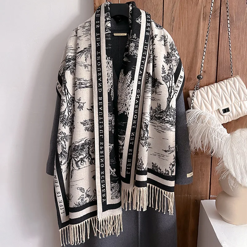 Wild World Soft Comoft Covering Yarn Scarf Good Imitate Cashmere Jacquard Shawl Women Winter Warm Fashion Neckerchief Two Sides