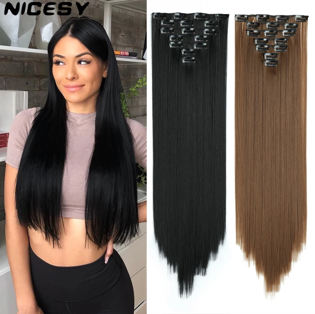 

Synthetic Black Long Straight Hair Extension 16 Clips In Heat Resistant Hairpiece 7Pcs/Set 24 Inches blonde For Women