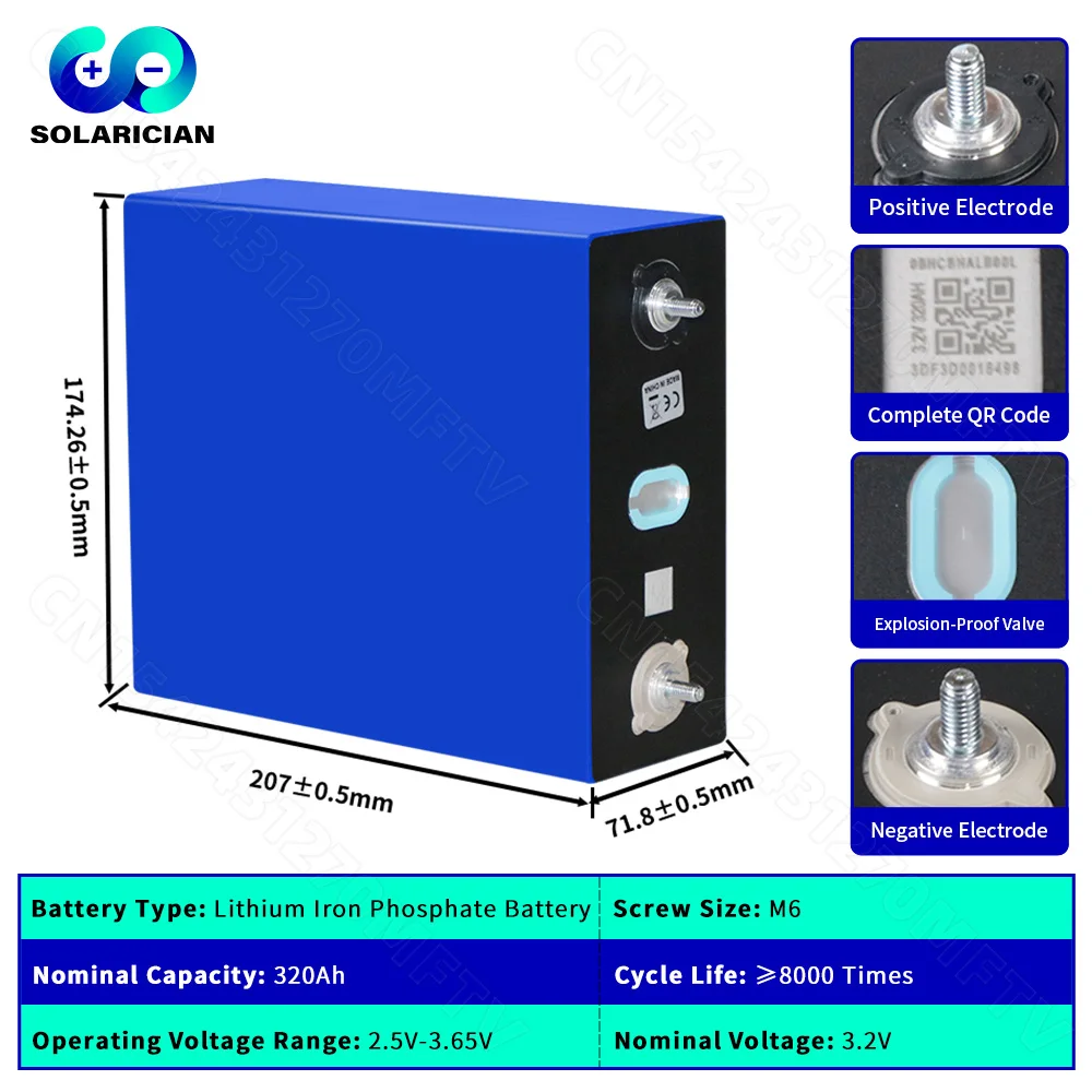 8000 Cycles Grade A 320Ah LiFePO4 Battery 3.2V Lithium Iron Phosphate Rechargeable Cell DIY 12V 24V 48V RV EV Golf Cart Solar image 5