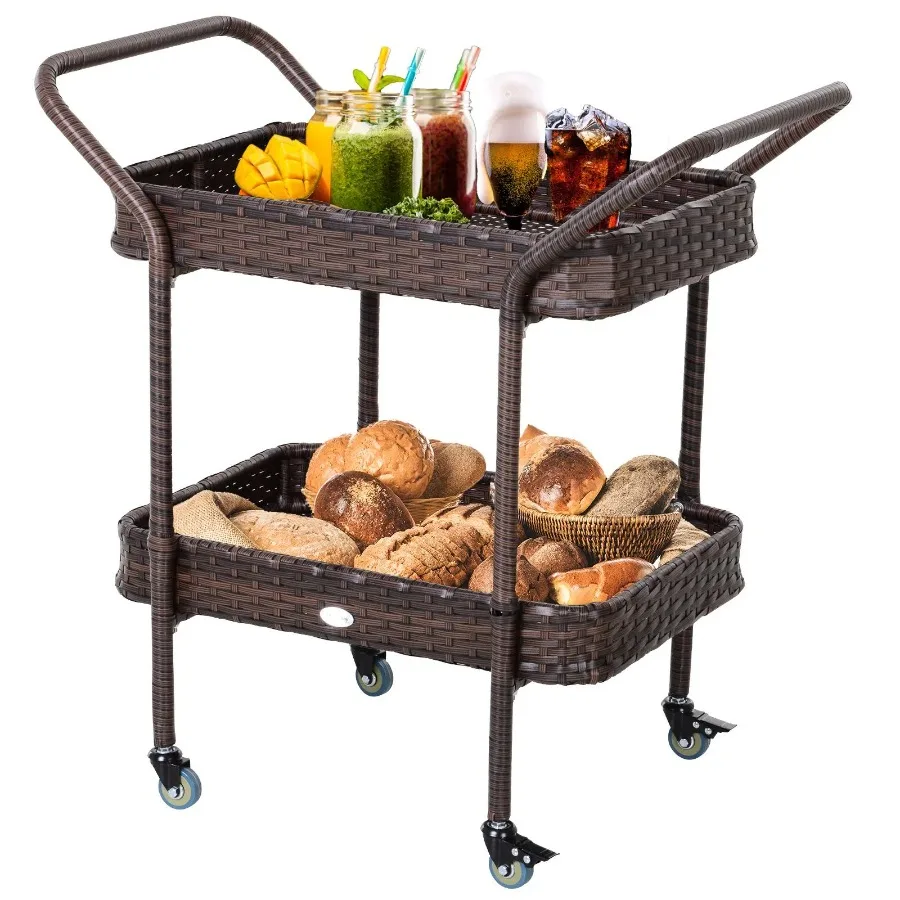 

Rattan Wicker Serving Cart with 2Tier Open Shelf Outdoor Wheeled Bar Cart with Brakes for Poolside Garden Patio