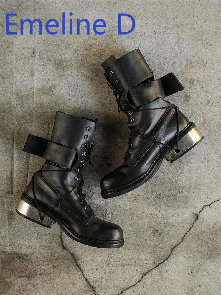

Belt Buckle Strap Unisex Short Boots Fashionable Stainless Steel Heel Strap Thick Heel Height Increasing Leather Short Boots