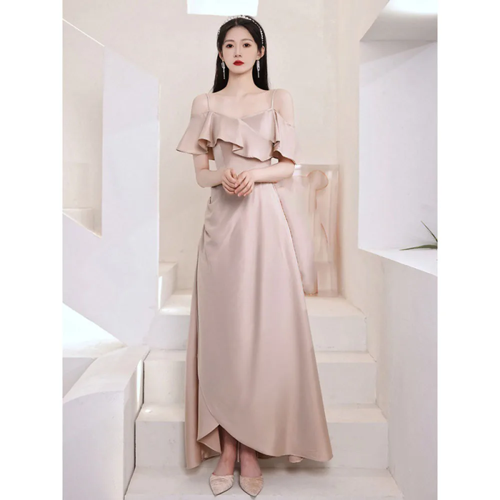 Sukienka dla druhen w jednolitym kolorze, elegancka, z falbanami, z odkrytymi ramionami, rozcięciem, falbankami w kształcie płatków, linia A, na wesele, vestido.