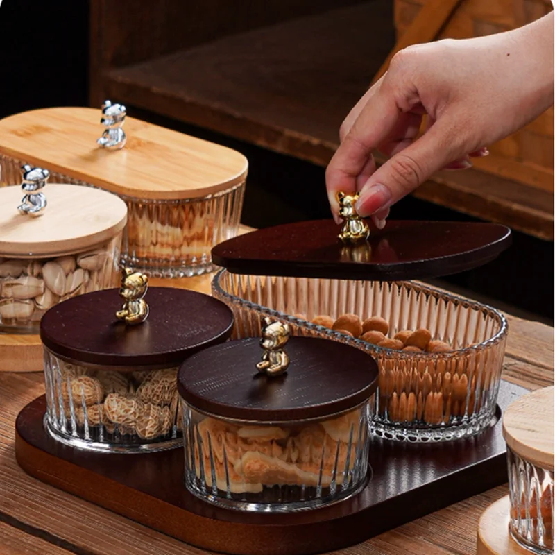 Oval Transparent Glass with Lid, Snack,dishes, Bar, Appetizer, Pastry, Nuts, Candy Box, Home Storage Box, Wooden Tray