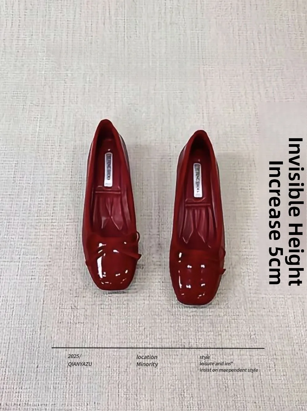 red-flat-ballet-mary-jane-shoes-women's-version-knot-slip-on-flats-leather-material-increased-height-5cm