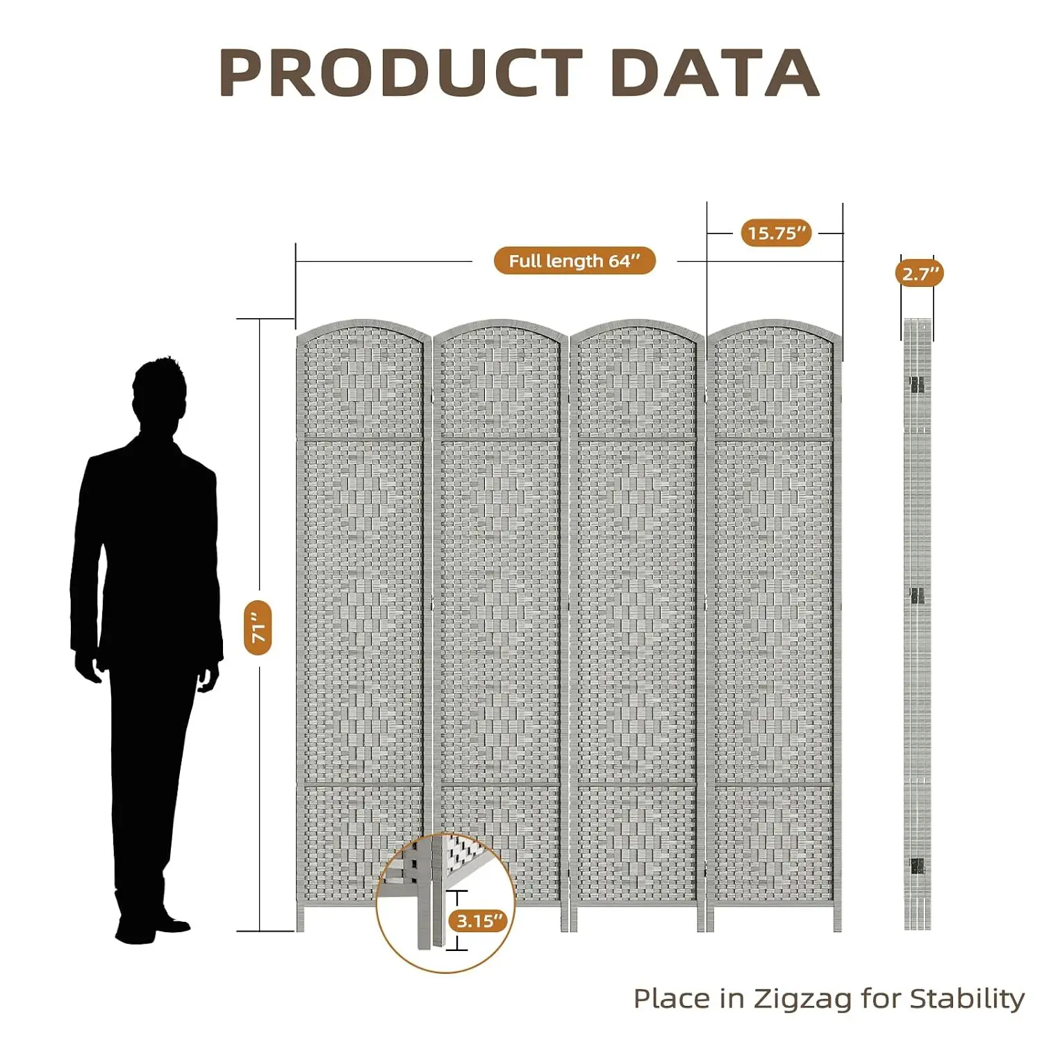 Room Divider Panel,4 Panel Partition Room Dividers Screen, Grey