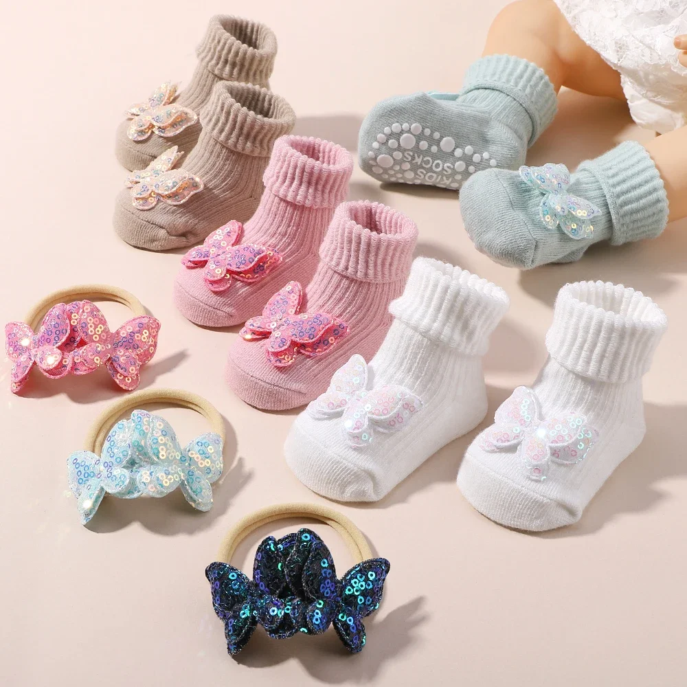 1 Set Cute Cartoon Baby Socks Hair Band Infant Toddler Non Slip Breathable Short Socks Newborn Sequin Bows Headband Sets Gift