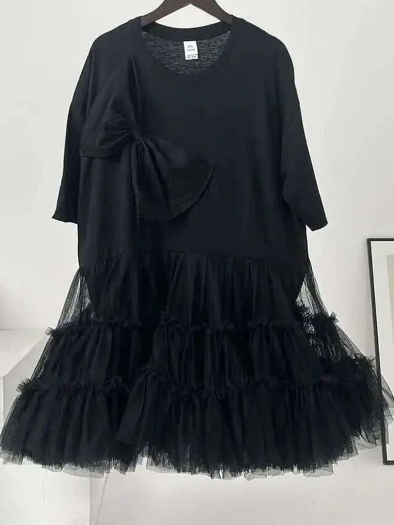 Women Hem Mesh Spliced T Shirt Mini Dress Bow Short Sleeve Dresses 2026 Summer All-match Clothes Beautiful Black Robe 7MJQ