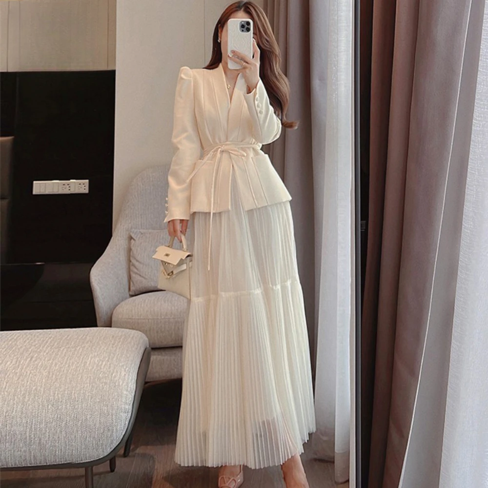 STEVDITG Women Elegant Skirt Suit Mother of The Bride Wedding Guest Dress 2-Piece V-neck Formal Clothes Lace-Up Blazer Sleeves