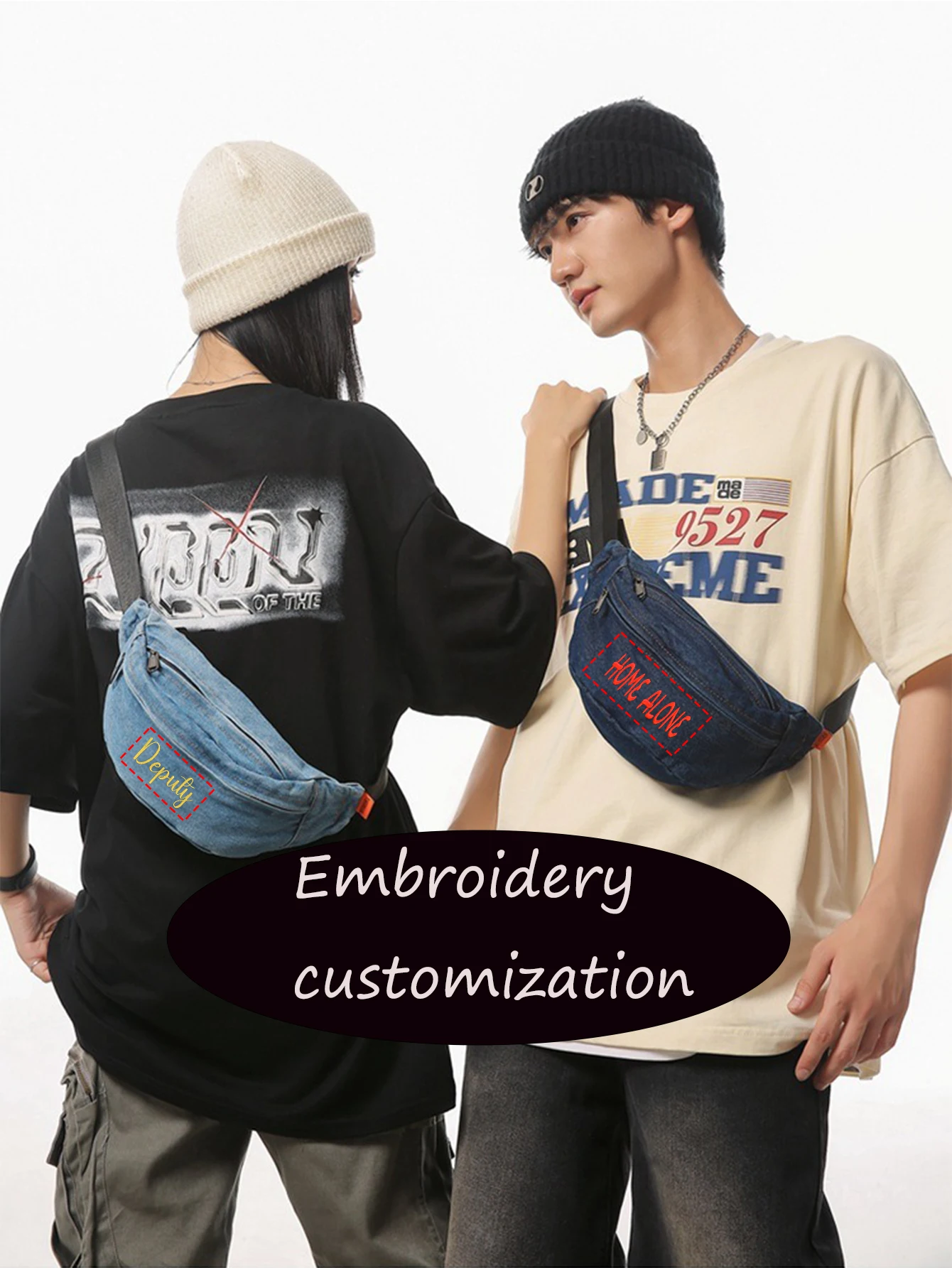 (Please private message customer service) Embroidery graphic DIY customization, denim waist bag