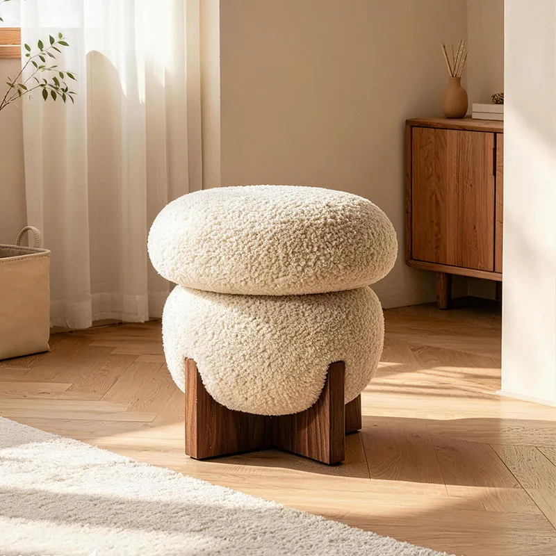 Trendy Italian Cream Solid Wood Round Ottoman Entryway Vanity Bedroom