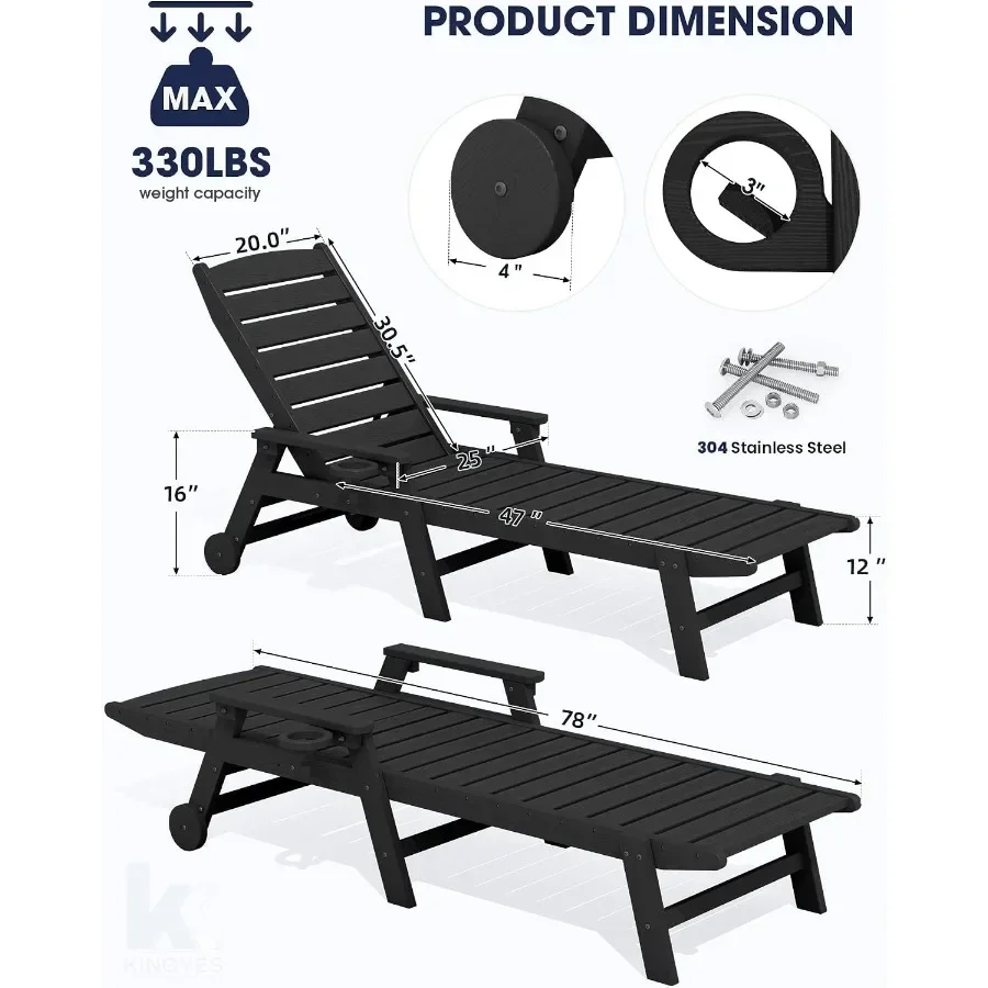 HDPE Lounge Chair Outdoor Set of 2, All Weather Pool Lounger