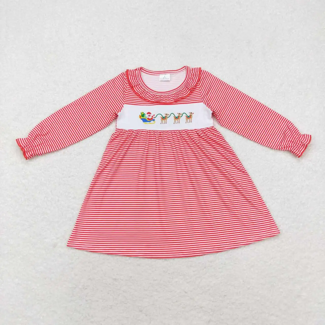 

Girls dress embroidery Christmas reindeer Santa Claus red stripes baby girl dress boutique wholesale holiday skirt