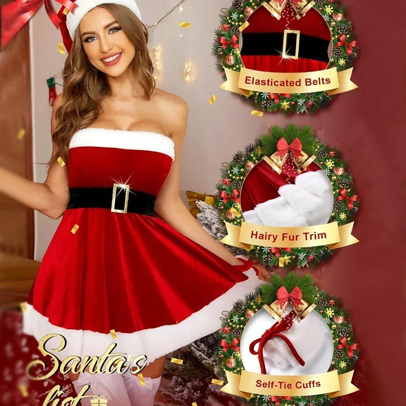 Sexy Naughty Cosplay Christmas Party Costume Strapless Velvet Satin Xmas Babydoll Short Dress Woman Santa Cute Role Play Outfit