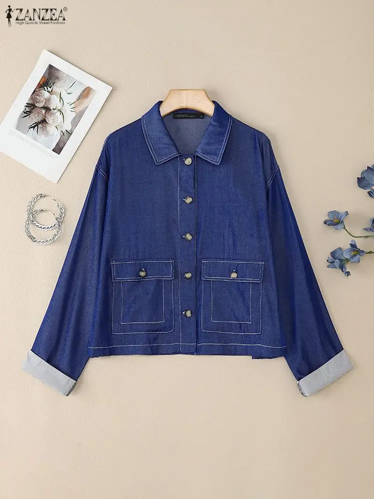

Осень 202, джинсовые синие пальто ZANZEA, женские куртки с лацканами и длинными рукавами на пуговицах, пальто, повседневная лоскутная рабочая верхняя одежда больших размеров