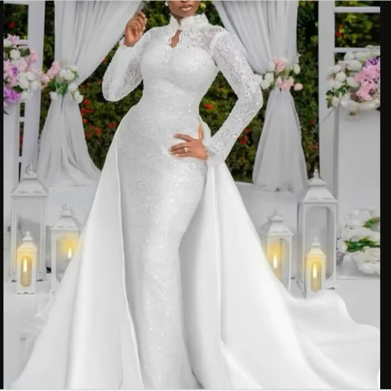 Customized High Collar Shinny Appliques Beads  Wedding Dress with Removable Skirt  Robe De Mariée Full Sleeves Bridal Gown