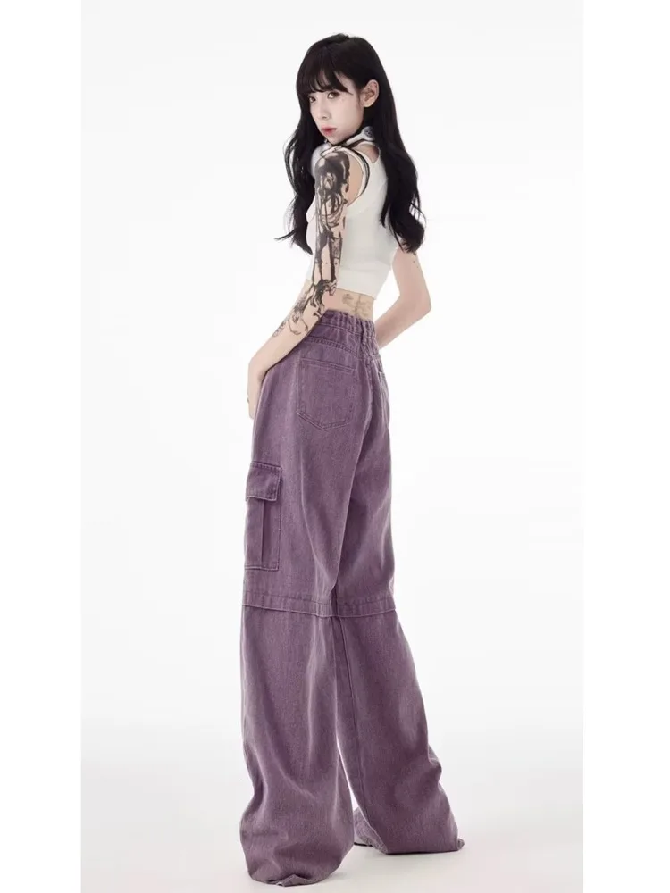 Vintage Purple Cargo Pants New Style Multi Pocket High Waist Casual Loose Drag Thin Wide Leg Pants Women\'s Jeans