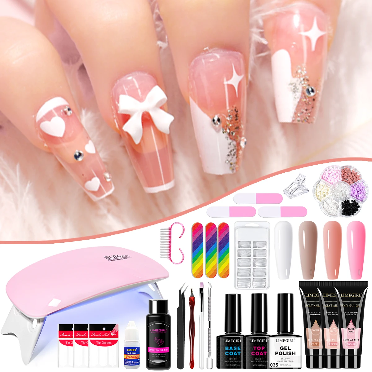 

LIMEGIRL УФ-гель-лак для ногтей, набор для наращивания ногтей, акрил, французский дизайн, фестивальные аксессуары в виде бабочки, маникюрный набор гелей «сделай сам»