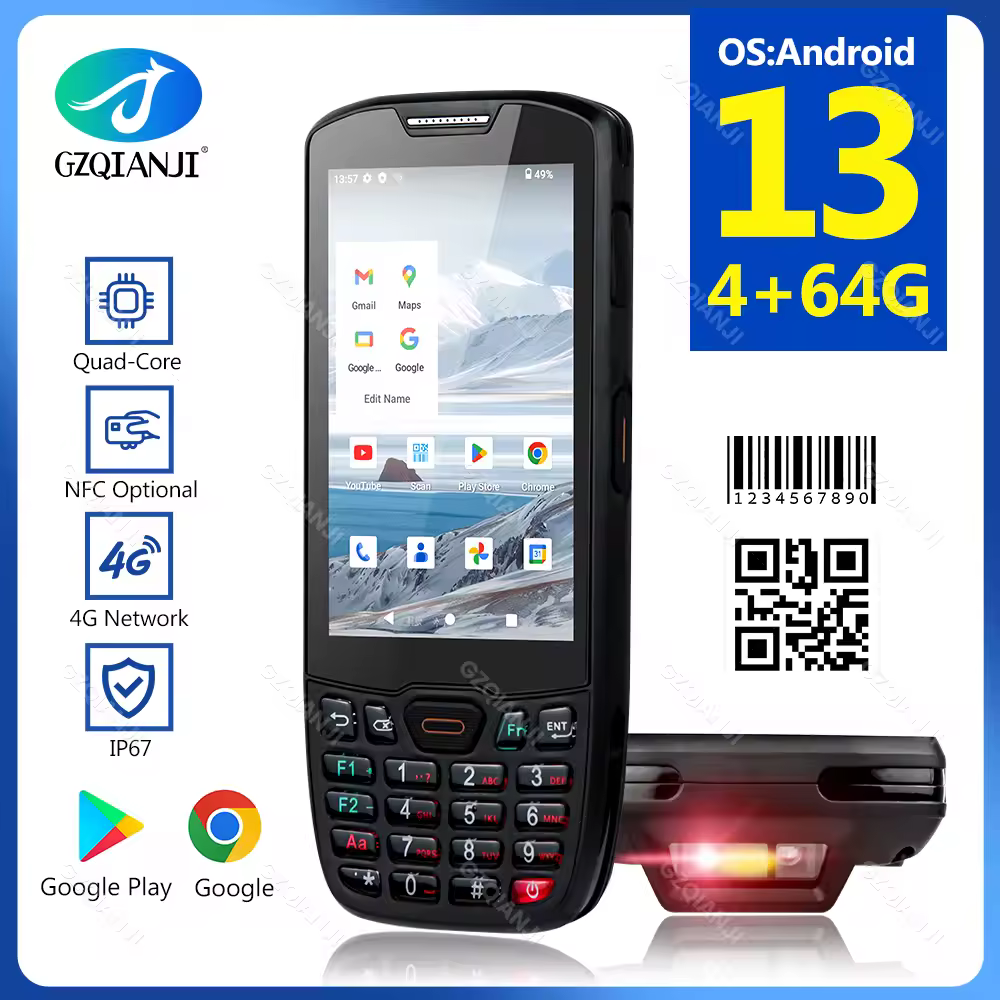 אנדרואיד 13 pda 4g + 64g qualcomm מעבד cpu 1d 2d 2d סורק ברקוד קורא nfc ip67 גלי אספן נתונים מסוף pda gzqianji