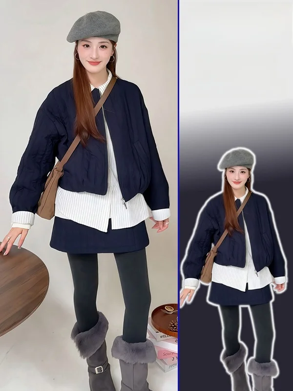 

Retro Patchwork Collar Fake Two-Piece Jaet Spring Autumn plus Size Slimming f Skirt Set Women Casual Faion Ensemble