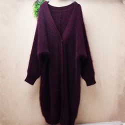 Ladies Women Fall Winter Clothing Hairy Angora Rabbit Hair Knitted Long Batwing Sleeves Loose Long Sweater Cardigans Mantle Coat