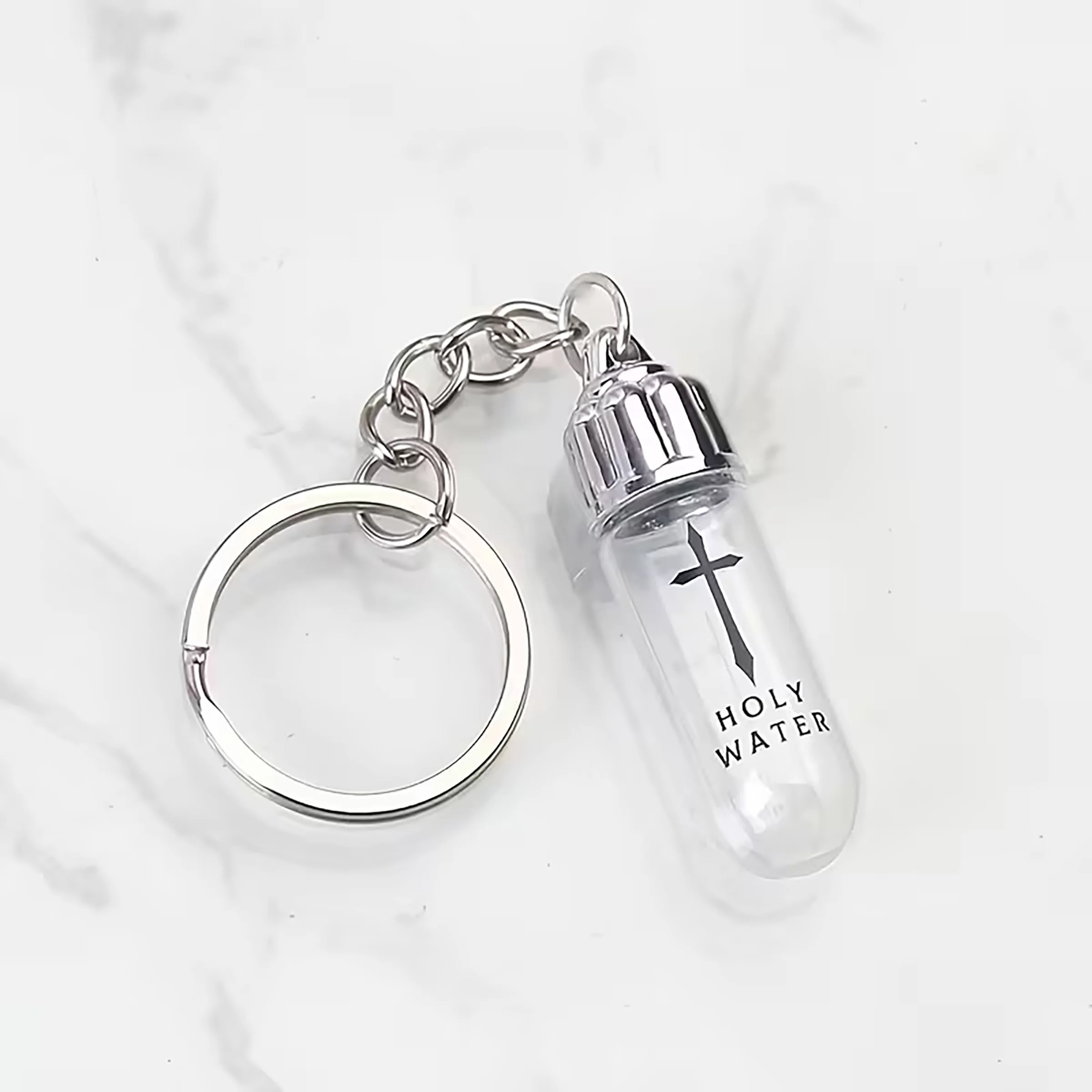 [Christian Church Gift] 1pc Mini Holy Water Bottle Keychain, Glass Baptism Prayer Vial with Cross Print, Portable Religious Key