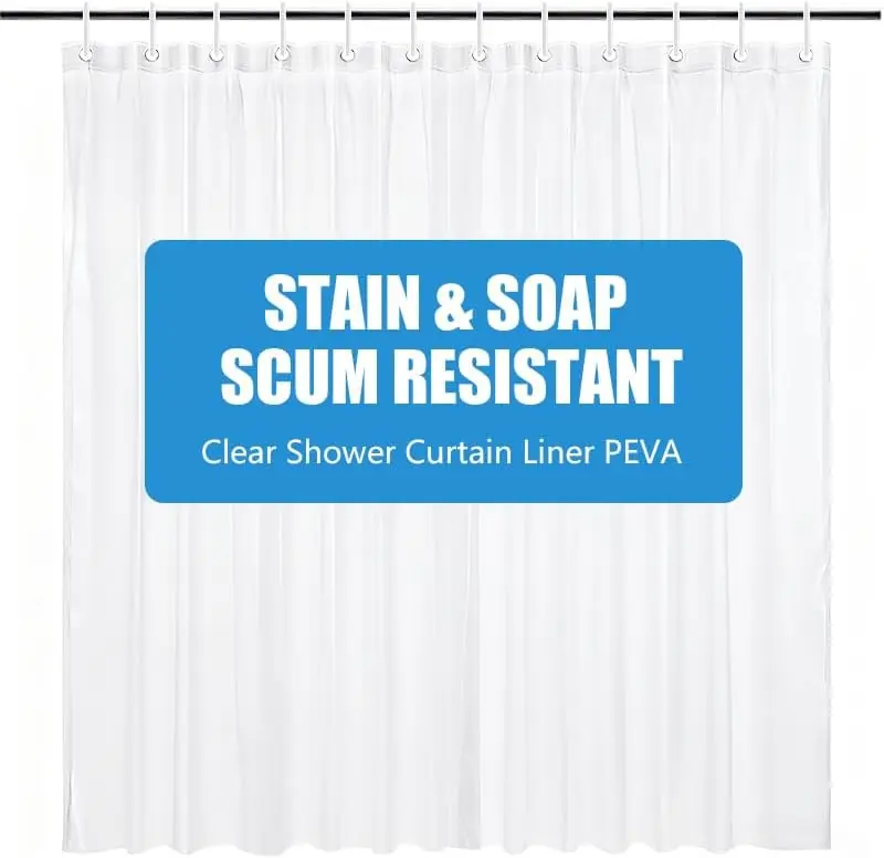 Transparent PEVA Bath Shower Curtain Liner, 72 x 72 Inches, Waterproof, Lightweight, with 12 Plastic Hooks for Easy Installation