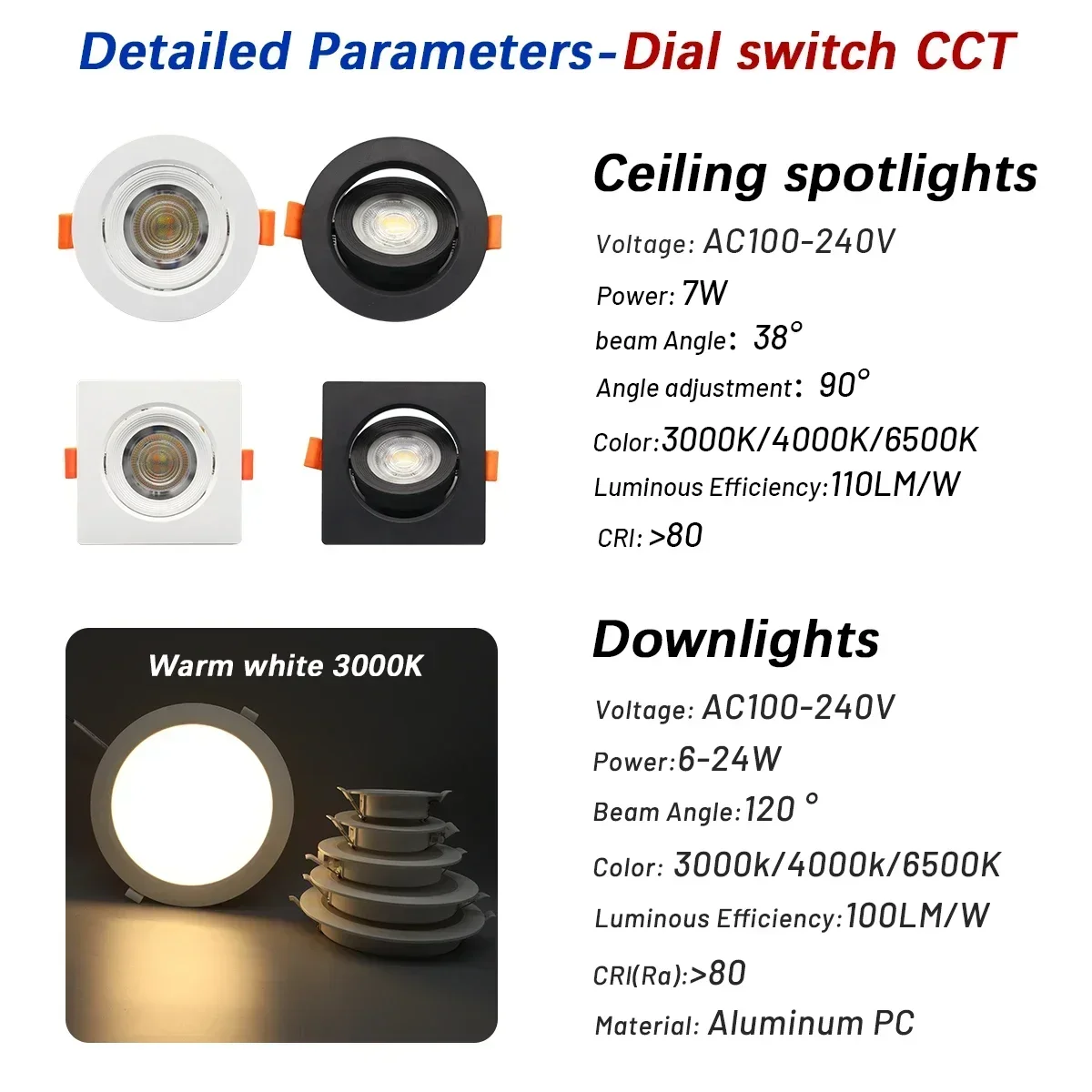 4pcs Dial Swich CCT Recessed LED Spot Llight  Downlight 3 Color Adjusted AC100-240V 3000K/4000K/6500K Ceiling Indoor Lighting