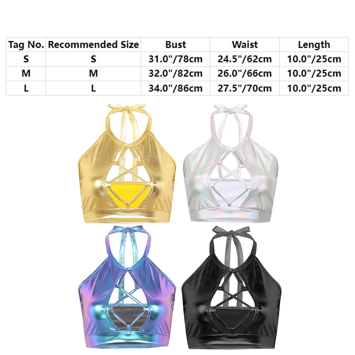 Women Pole Dance Clothing Shiny Metallic Rave Festival Outfit Halter Crop Top Bra Vest With  Faux Leather Fantasy Mini Skirt Set