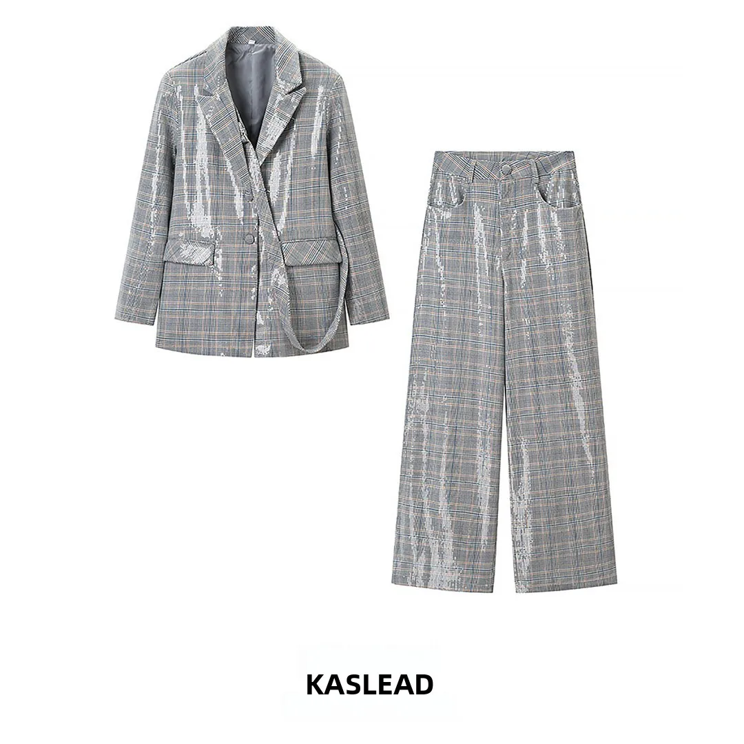 

KASLEAD New Women's Fashion Simple Long Sleeve Design Suit Casual Long Pants Set High Waist Spring Season Plaid Pattern