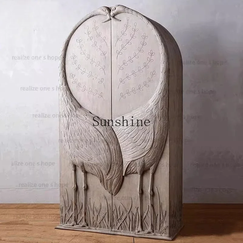 American light luxury wardrobe decorative cabinet relief crane bird two door locker  FT