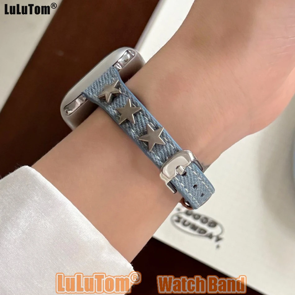 Star Rivet Demin Canvas Leather Strap for Apple Iwatch Series 11 10 9 8 7 SE Ultra Watch Band 38 40 41 42 44 45 46 49mm Bracelet