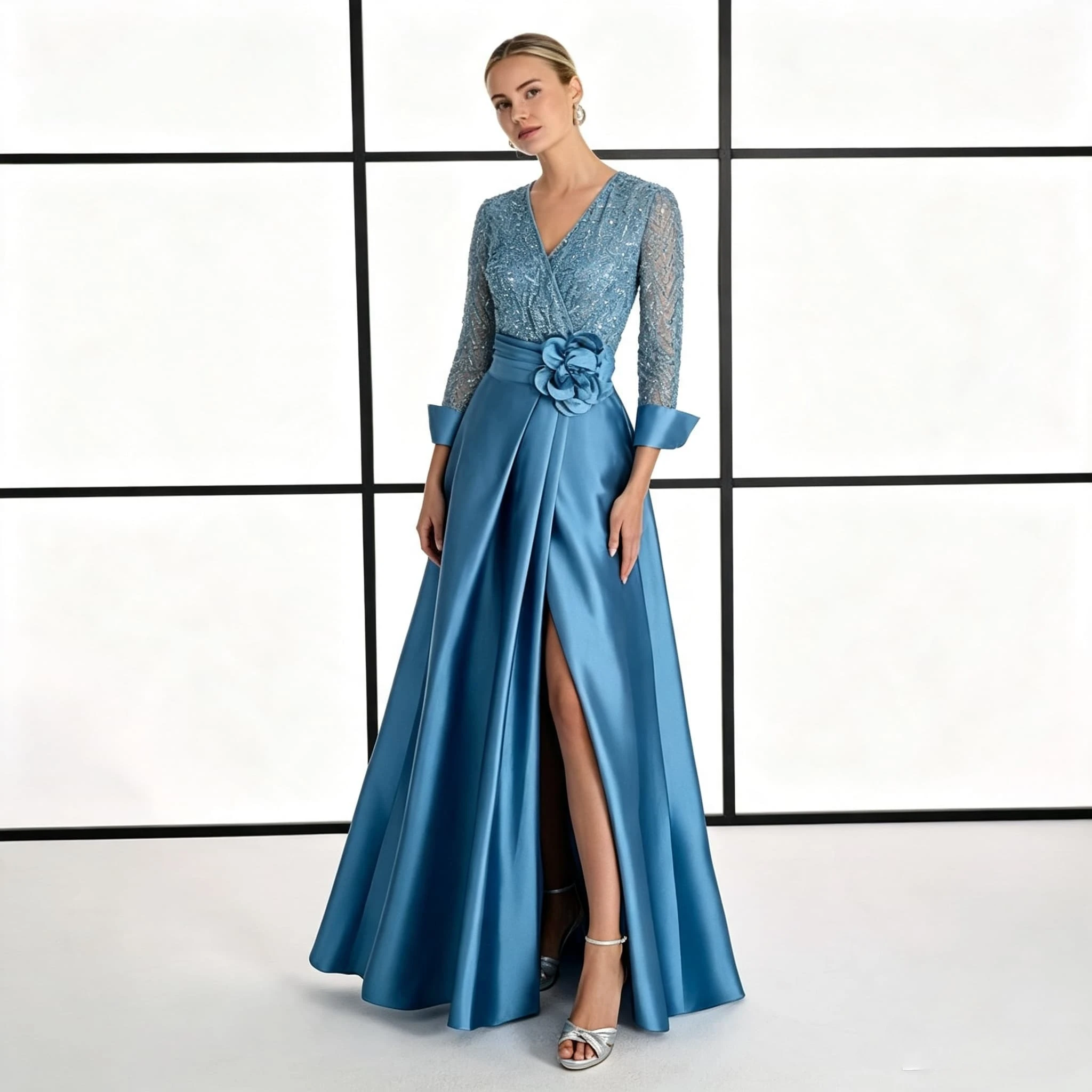 Customized Sky Blue Split A Line Mother of the Bride Dress V Neck Lace Sleeve Satin Floral Belt Wedding Party Formal Gowns