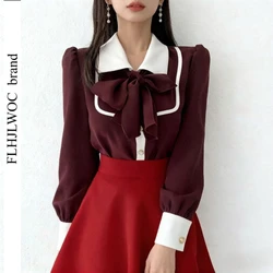 Women's Cute Bow Tie Tops Preppy Style Vintage Japan Korea Design Single Breasted Button Elegant Formal Red Black Shirts Blouses