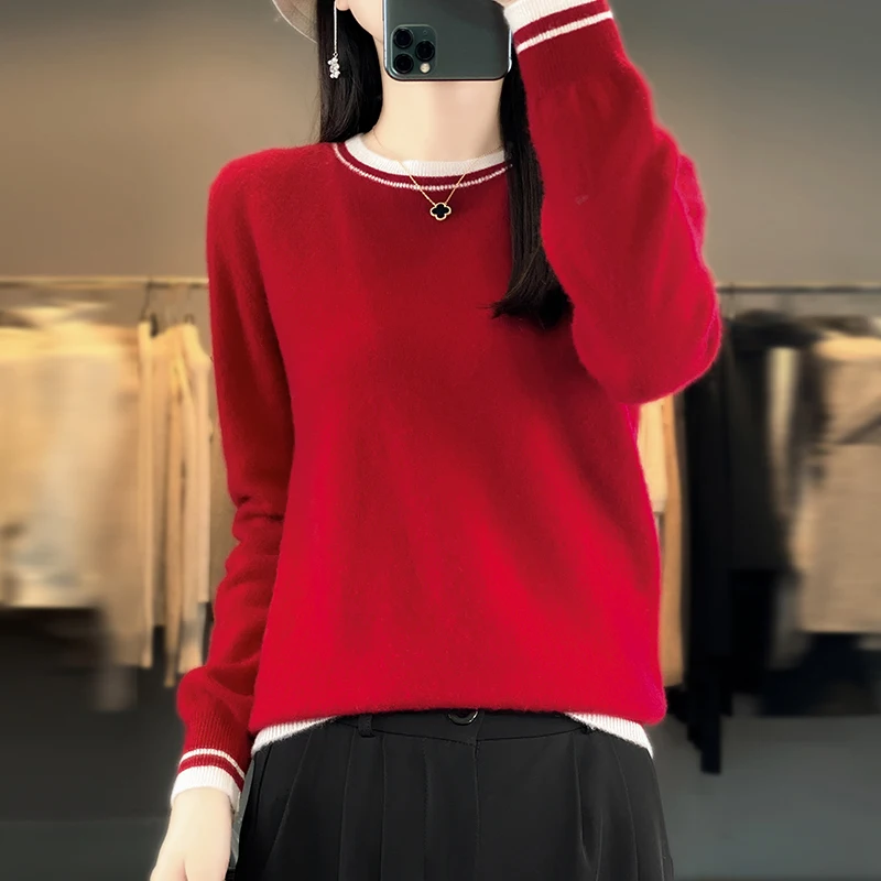 100% Merino Pure Wool Jumper Round Neck Color Pullover Wide Sweater AutumnWinter Long Sleeved Fashionable Knitted Top