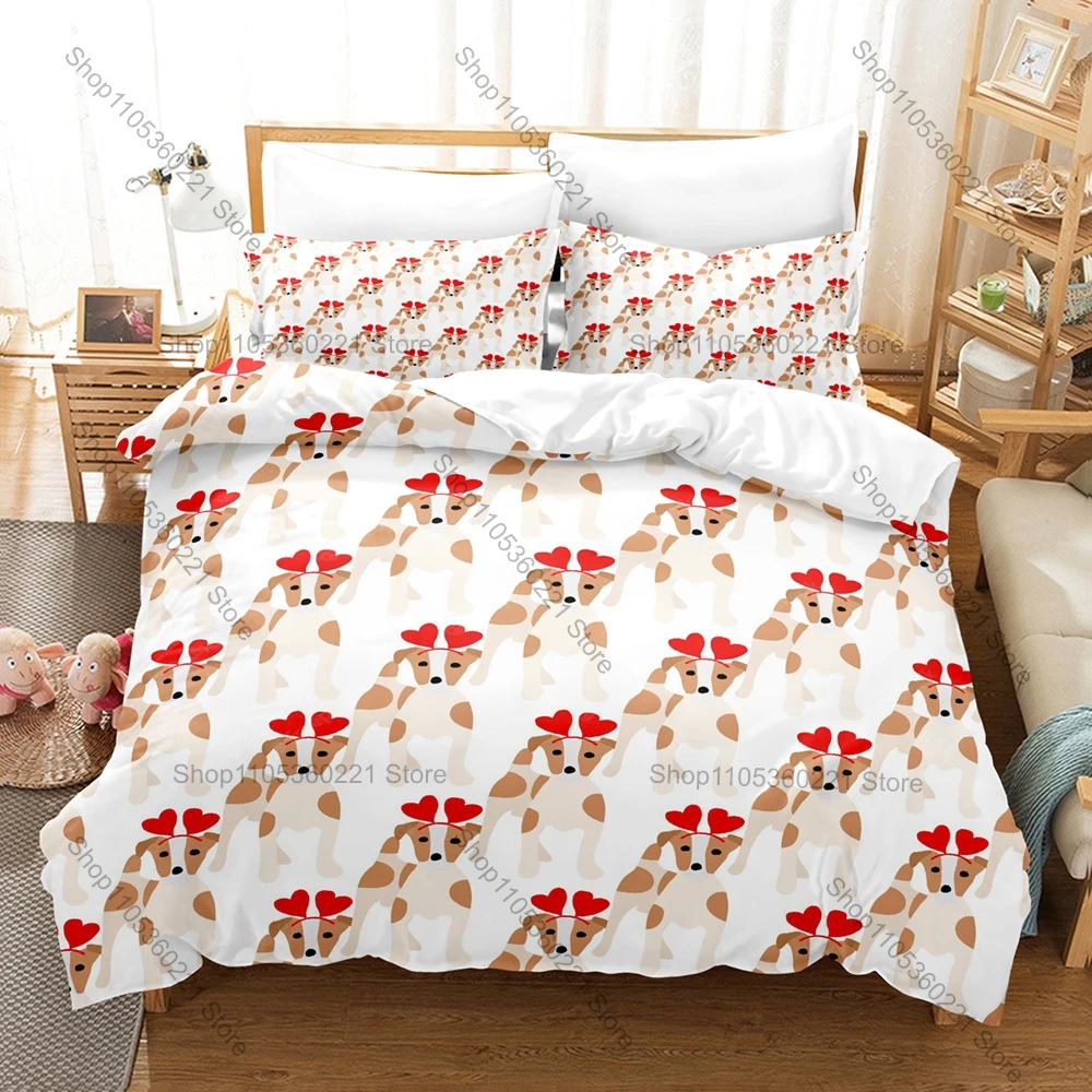 Cool Pet Dog Jack Russell Terrier White Fur Brown Black Spot Playful Puppy HD Print Bedding Set Duvet Cover + 2 Pillowcases