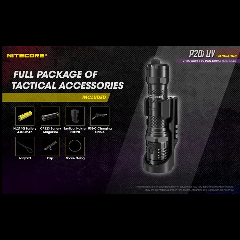 NITECORE P20i UV 1800 lumens dual light source tactical flashlight, equipped with NL2140i battery