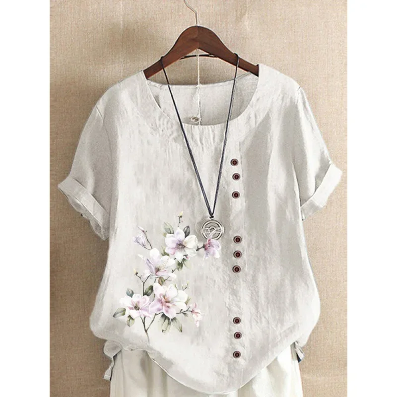 Elegant Comfortable Cotton Linen T-Shirt Women New Single-breasted Splicing Decoration Tops Female Casual Flower Print Tees 2024