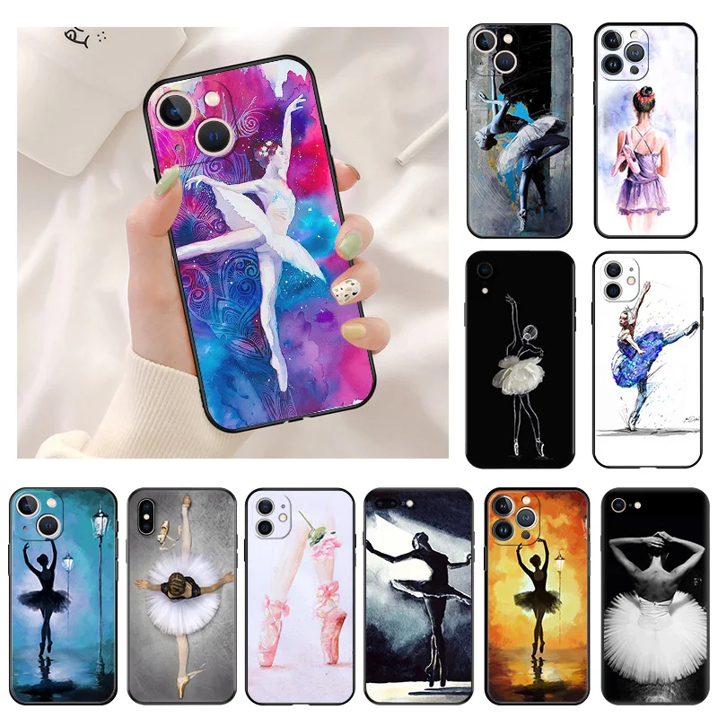 Silicone Black Phone Cases for iphone 16 Pro Max 7 8 14 15 Plus SE XR 11 12 13 Mini 15Pro Elegant Ballet Dancer Girl Soft Cover