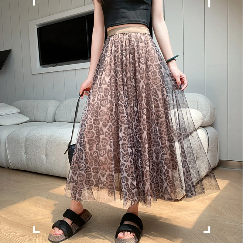 Pleated Leopard Skirt Women Spring Summer Mesh Tulle Skirt Casual Elastic High Waisted Large Swing Midi Long Skirt